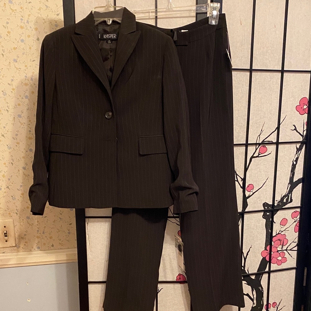 Kasper Dark Pinstripe Blazer and Pants Set